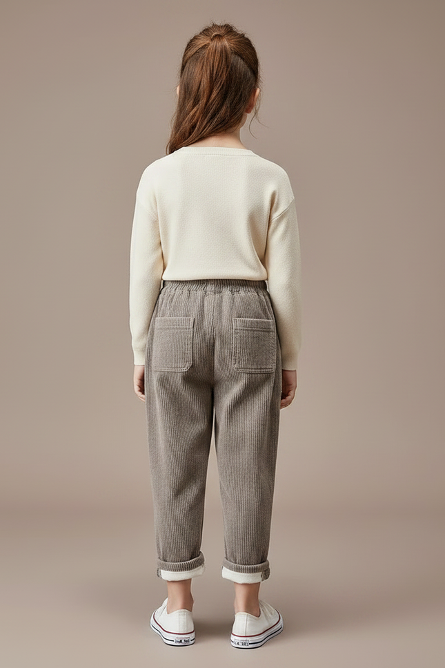 Pantalon Velours Côtelé Gris Ample Enfant Doublé - Cordé - vue 2