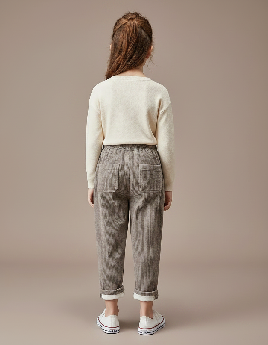 Pantalon Velours Côtelé Gris Ample Enfant Doublé - Cordé - vue 2