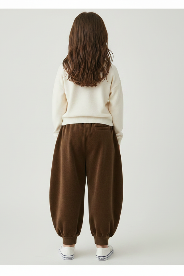 Pantalon Velours Marron Ample Côtelé Élastique Fille - vue 2