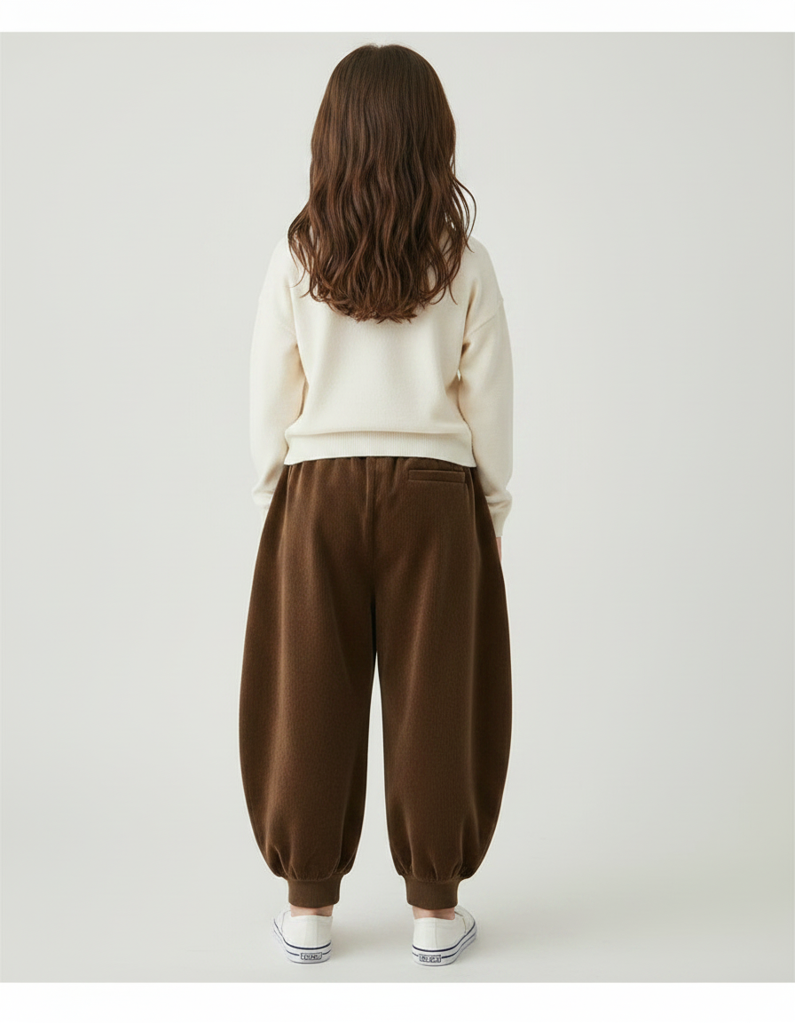 Pantalon Velours Marron Ample Côtelé Élastique Fille - vue 2