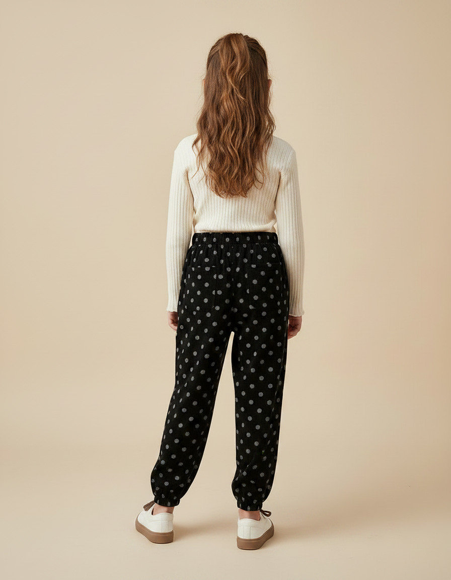 Pantalon Velours Noir Imprimé Pois Ample Fille - vue 2