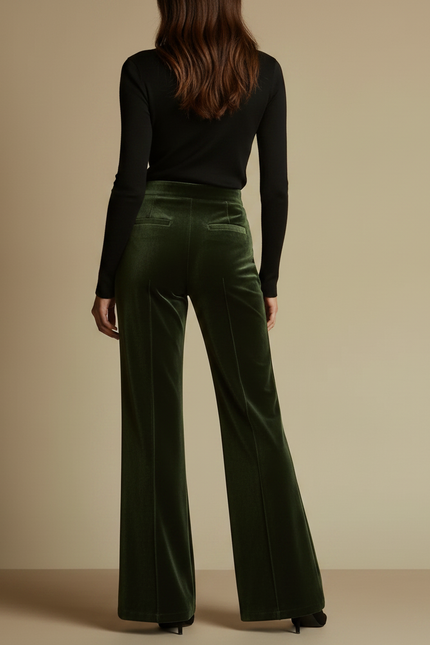 Pantalon Velours Vert Évasé Élégant Taille Haute Femme - vue 2