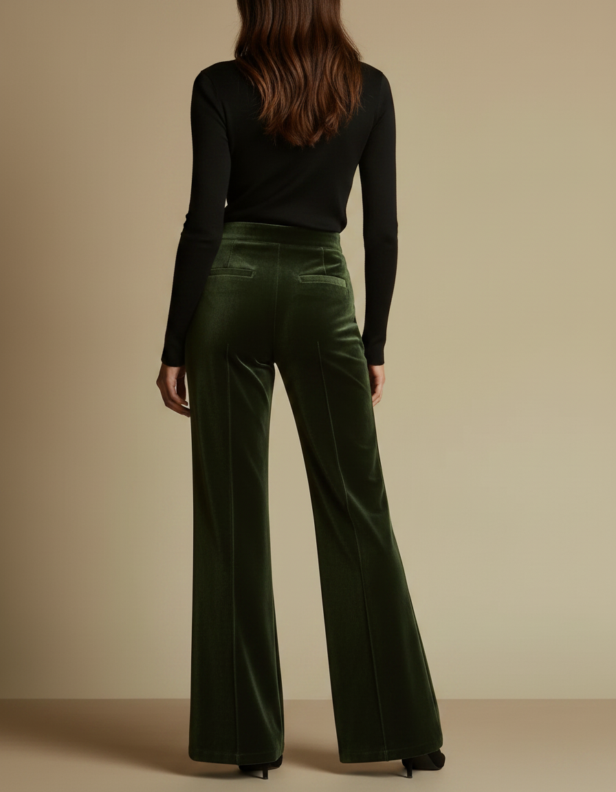 Pantalon Velours Vert Évasé Élégant Taille Haute Femme - vue 2