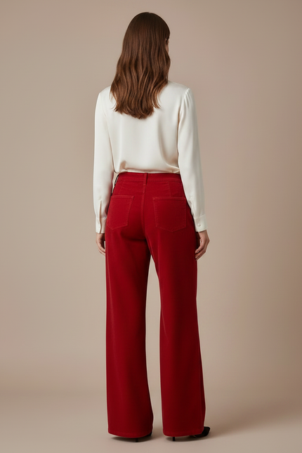 Pantalon Velours Rouge Ample Côtelé Évasé Femme - Cordé - vue 2