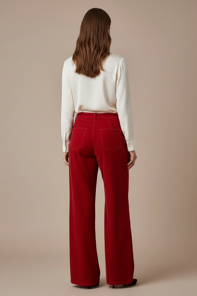 Pantalon Velours Rouge Ample Côtelé Évasé Femme - Cordé - vue 2