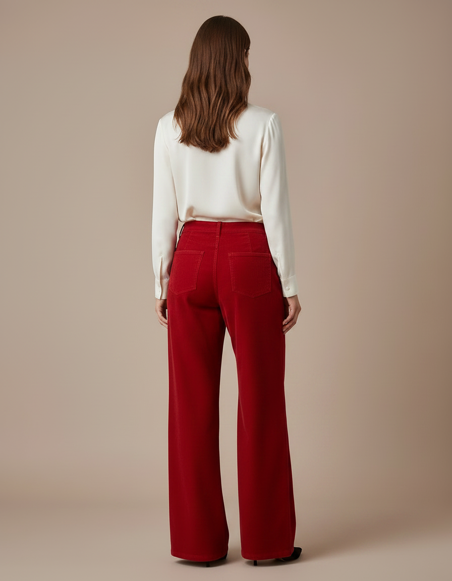 Pantalon Velours Rouge Ample Côtelé Évasé Femme - Cordé - vue 2