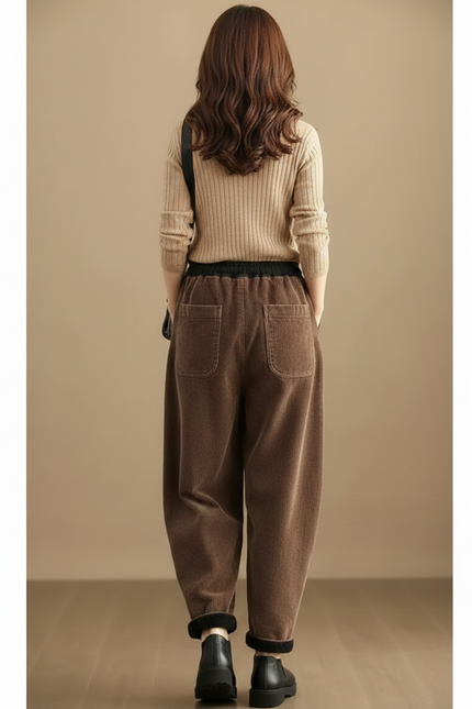 Pantalon Velours Marron Côtelé Ample Doublé Femme - Cordé - vue 2