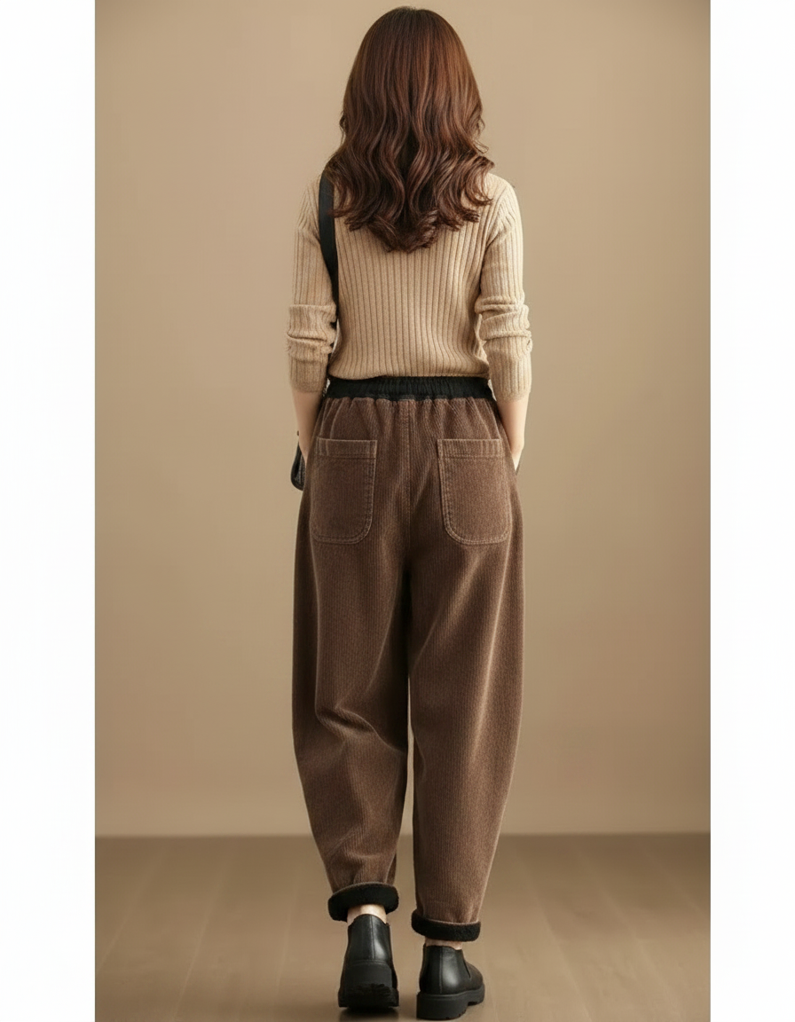Pantalon Velours Marron Côtelé Ample Doublé Femme - Cordé - vue 2