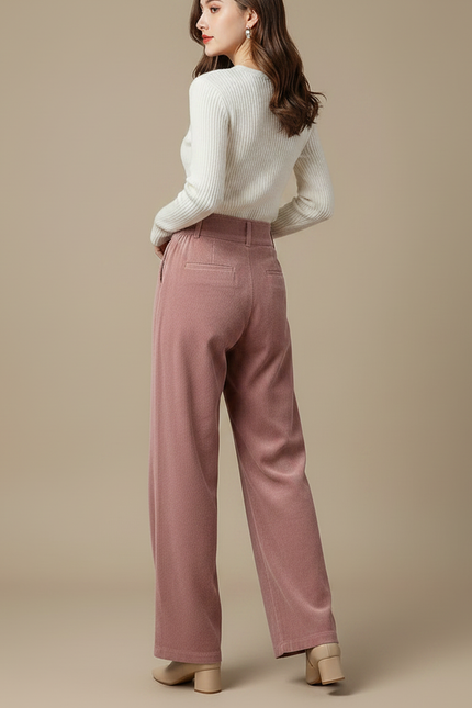 Pantalon Velours Rose Côtelé Ample Taille Haute - Cordé - vue 2