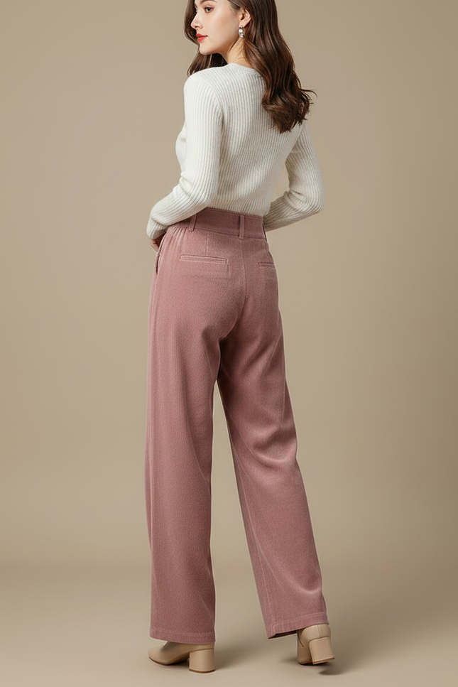 Pantalon Velours Rose Côtelé Ample Taille Haute - Cordé - vue 2
