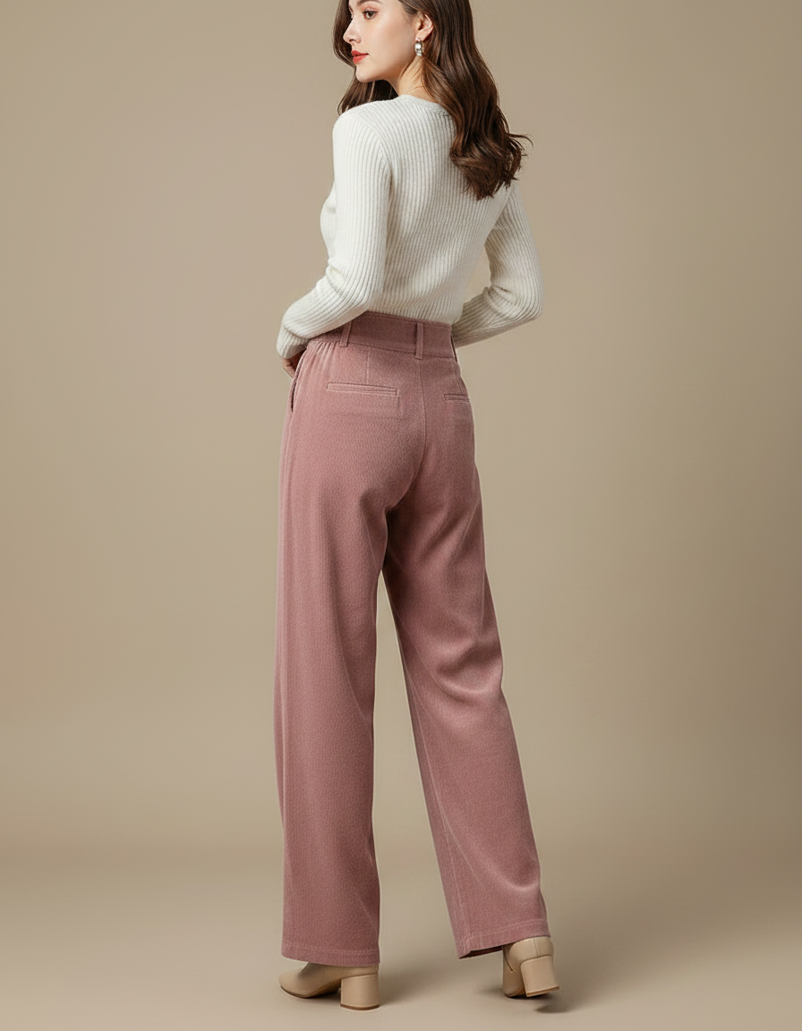 Pantalon Velours Rose Côtelé Ample Taille Haute - Cordé - vue 2