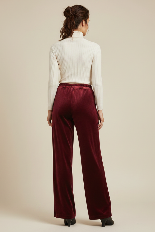 Pantalon Velours Bordeaux Ample Fluide Élégant Femme - vue 2