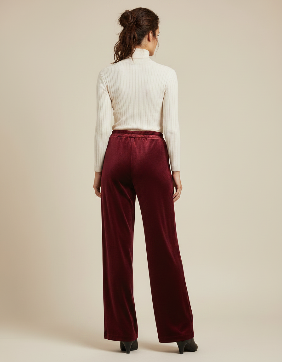 Pantalon Velours Bordeaux Ample Fluide Élégant Femme - vue 2