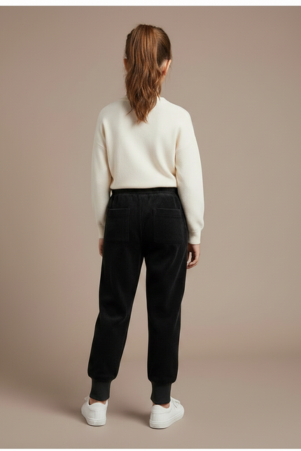 Pantalon Velours Noir Côtelé Ample Brodé Décontracté - Cordé - vue 2