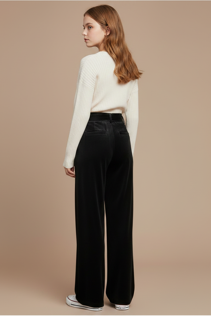 Pantalon Velours Noir Ample Ceinturé Élégant Femme - vue 2