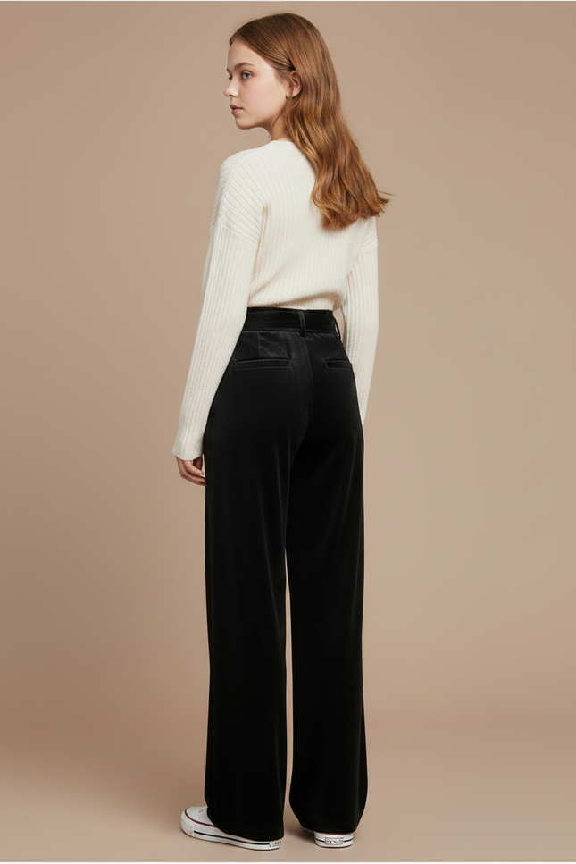 Pantalon Velours Noir Ample Ceinturé Élégant Femme - vue 2