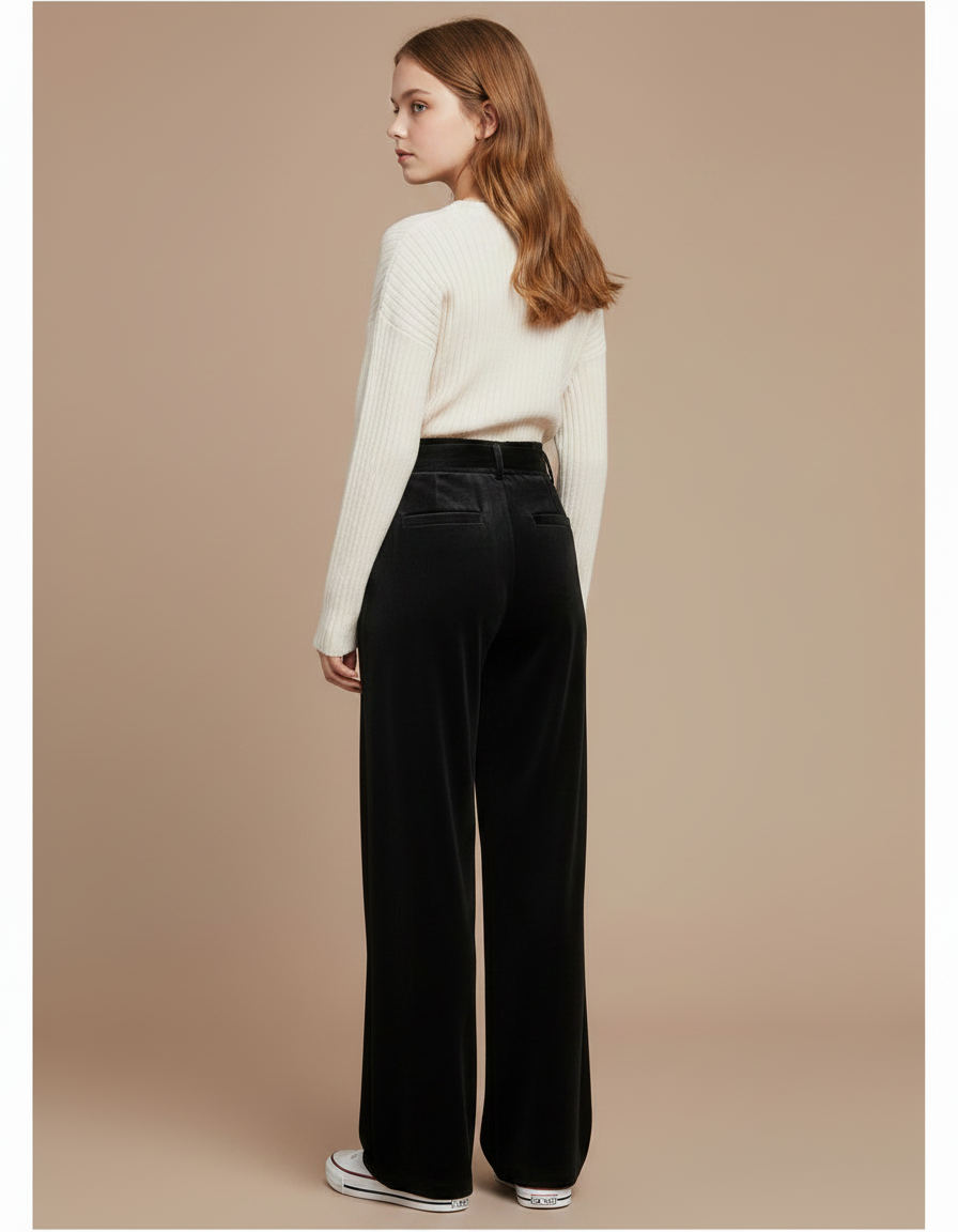 Pantalon Velours Noir Ample Ceinturé Élégant Femme - vue 2