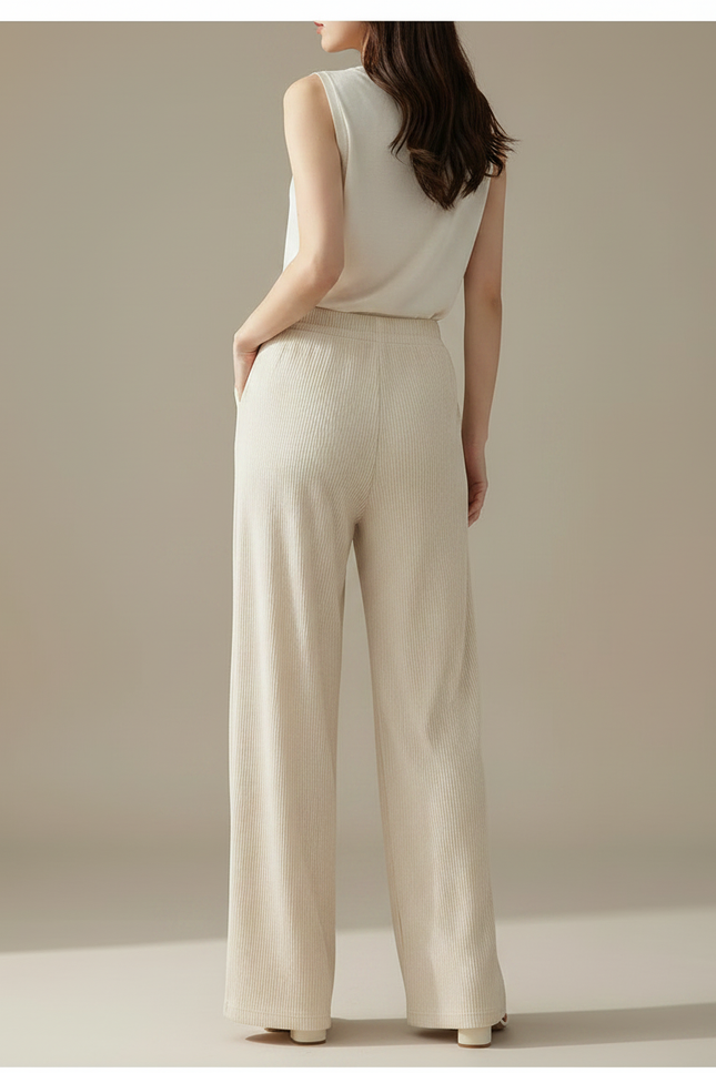 Pantalon Velours Beige Côtelé Large Fluide Femme - vue 2