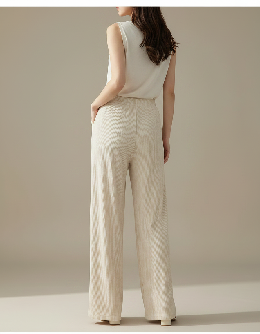 Pantalon Velours Beige Côtelé Large Fluide Femme - vue 2