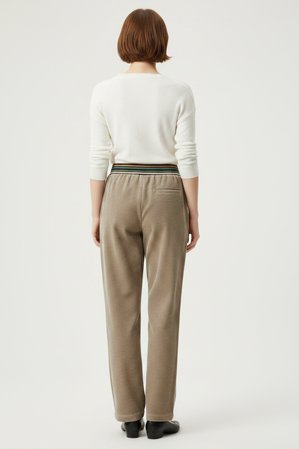 Pantalon Velours Côtelé Marron Ample Taille Élastique - Kaki Cordé - vue 2