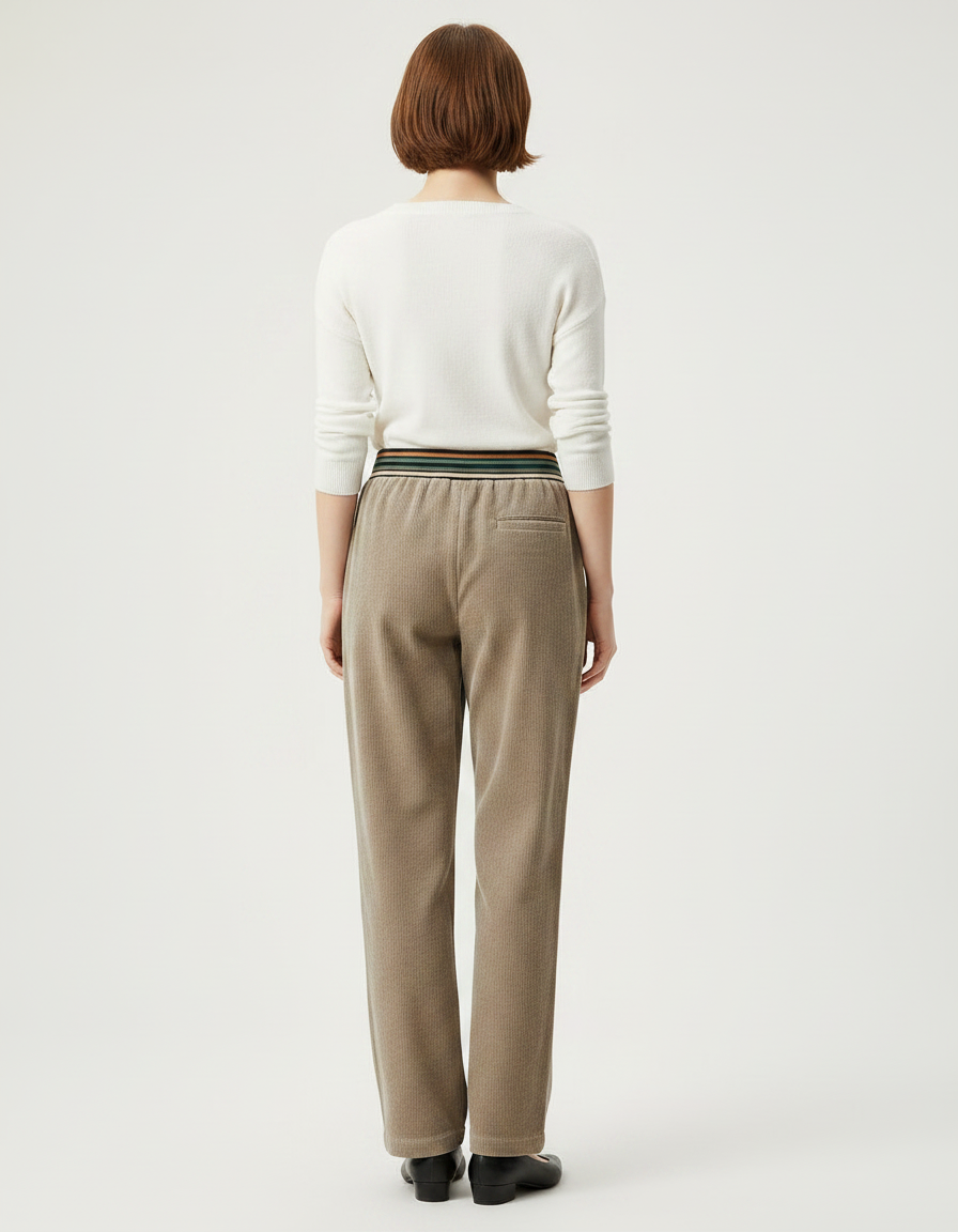Pantalon Velours Côtelé Marron Ample Taille Élastique - Kaki Cordé - vue 2