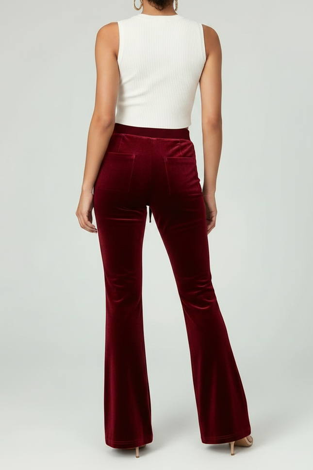 Pantalon Velours Bordeaux Évasé Cordon Taille Haute Femme - vue 2