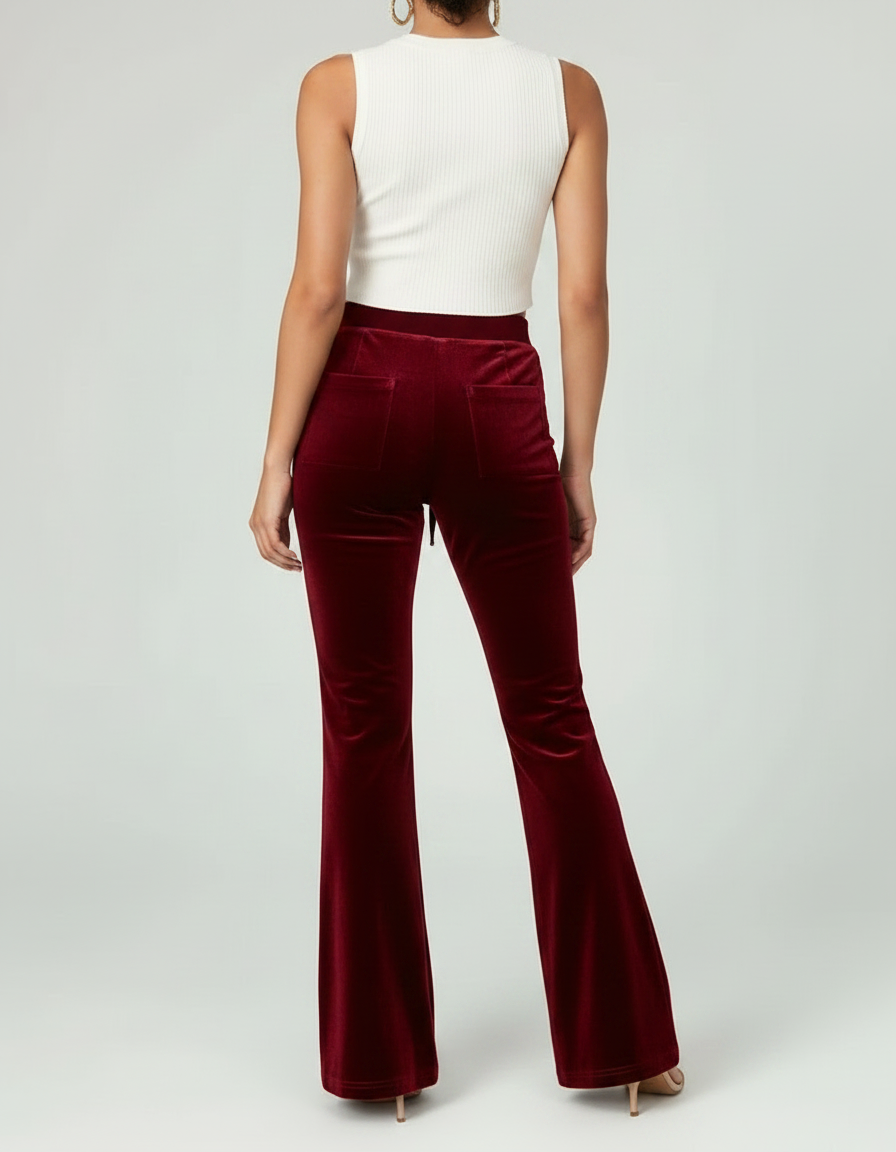 Pantalon Velours Bordeaux Évasé Cordon Taille Haute Femme - vue 2