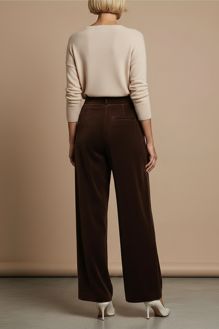 Pantalon Velours Marron Ample Taille Haute Fluide - vue 2