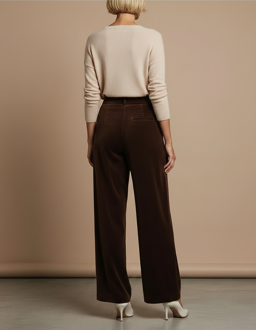 Pantalon Velours Marron Ample Taille Haute Fluide - vue 2