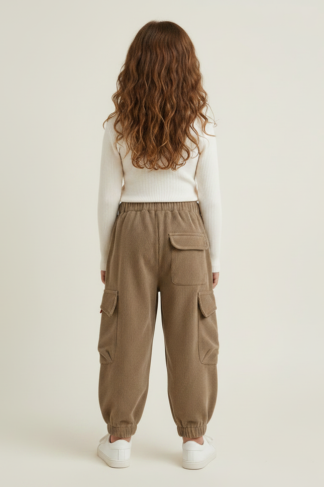 Pantalon Velours Cargo Marron Côtelé Élastiqué Enfant - Cordé - vue 2