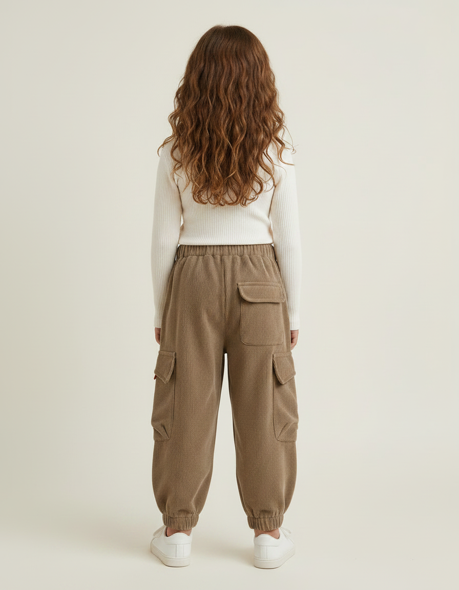 Pantalon Velours Cargo Marron Côtelé Élastiqué Enfant - Cordé - vue 2
