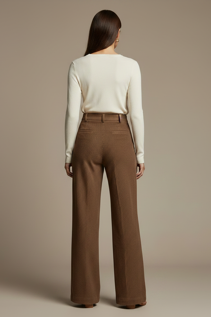 Pantalon Velours Marron Côtelé Large Taille Haute Décontracté - Cordé - vue 2