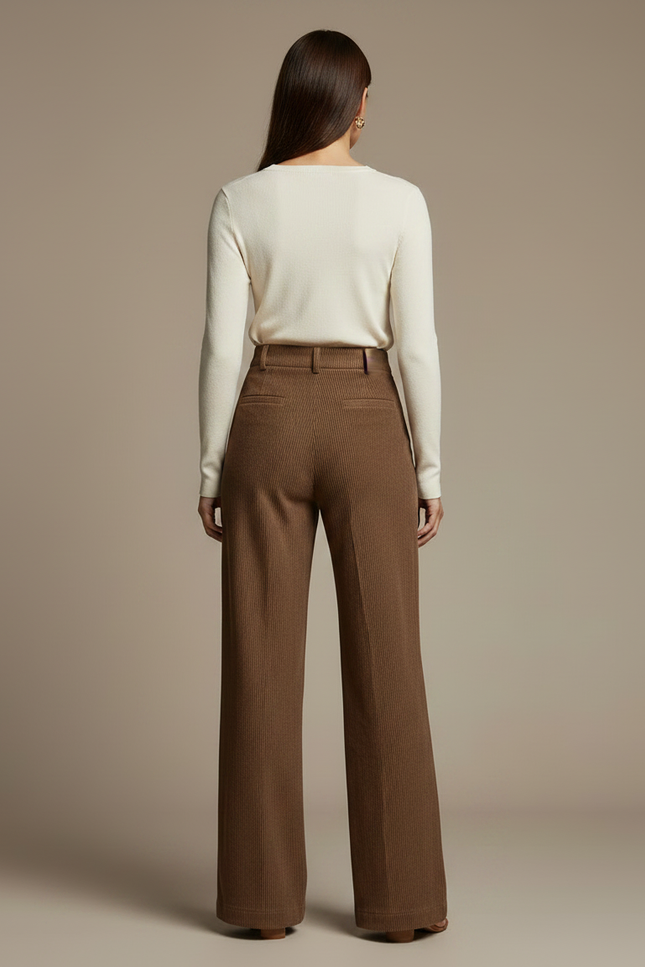 Pantalon Velours Marron Côtelé Large Taille Haute Décontracté - Cordé - vue 2