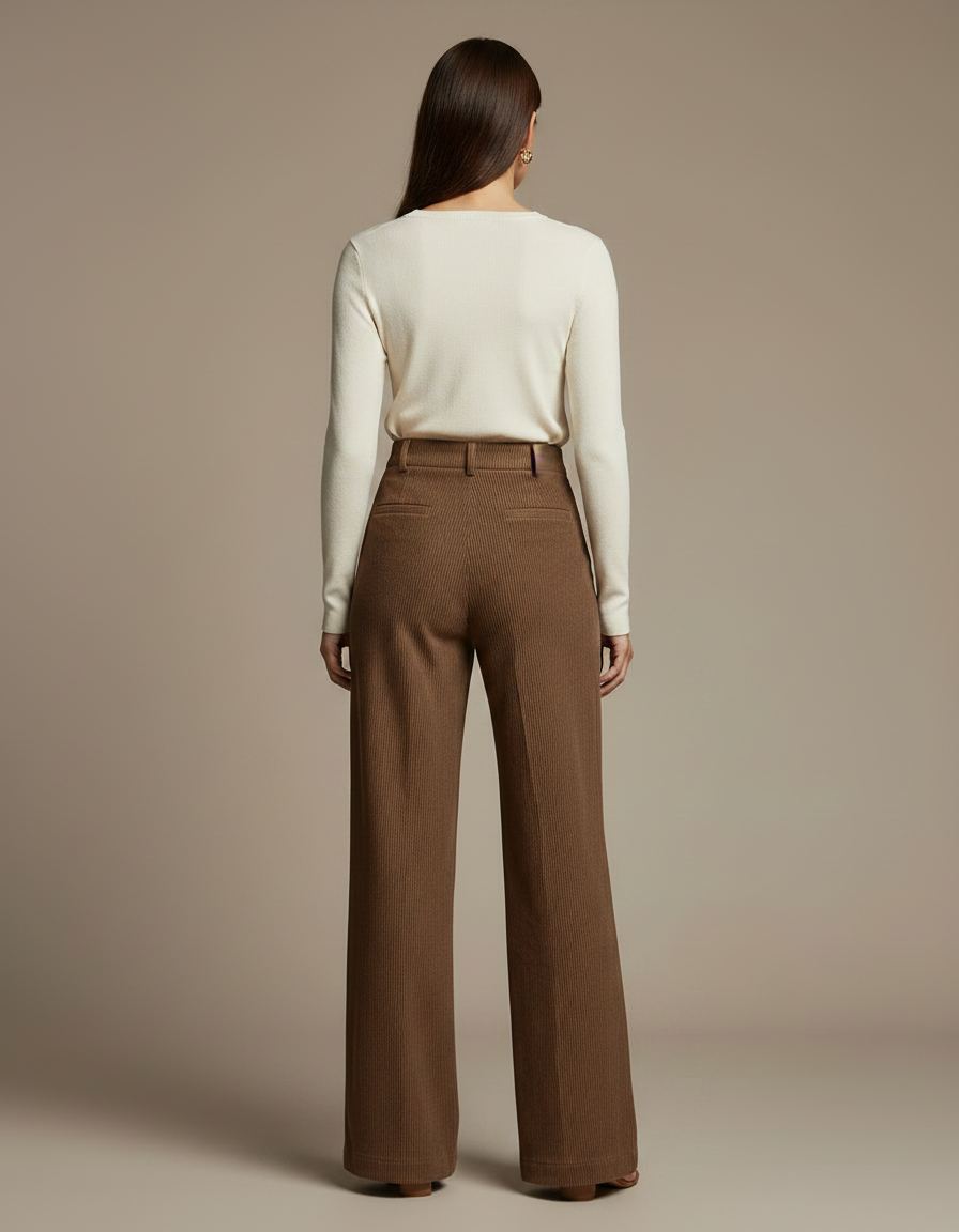 Pantalon Velours Marron Côtelé Large Taille Haute Décontracté - Cordé - vue 2