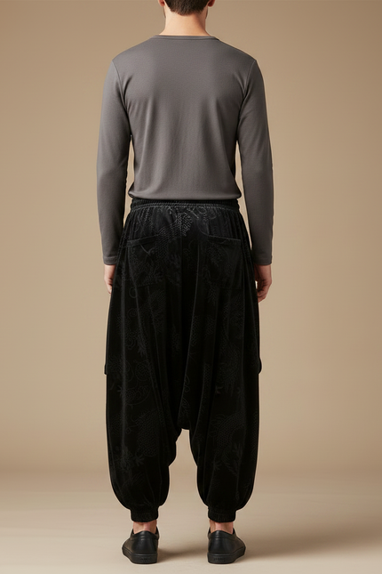 Pantalon Velours Noir Dragon Ample Décontracté Homme - vue 2