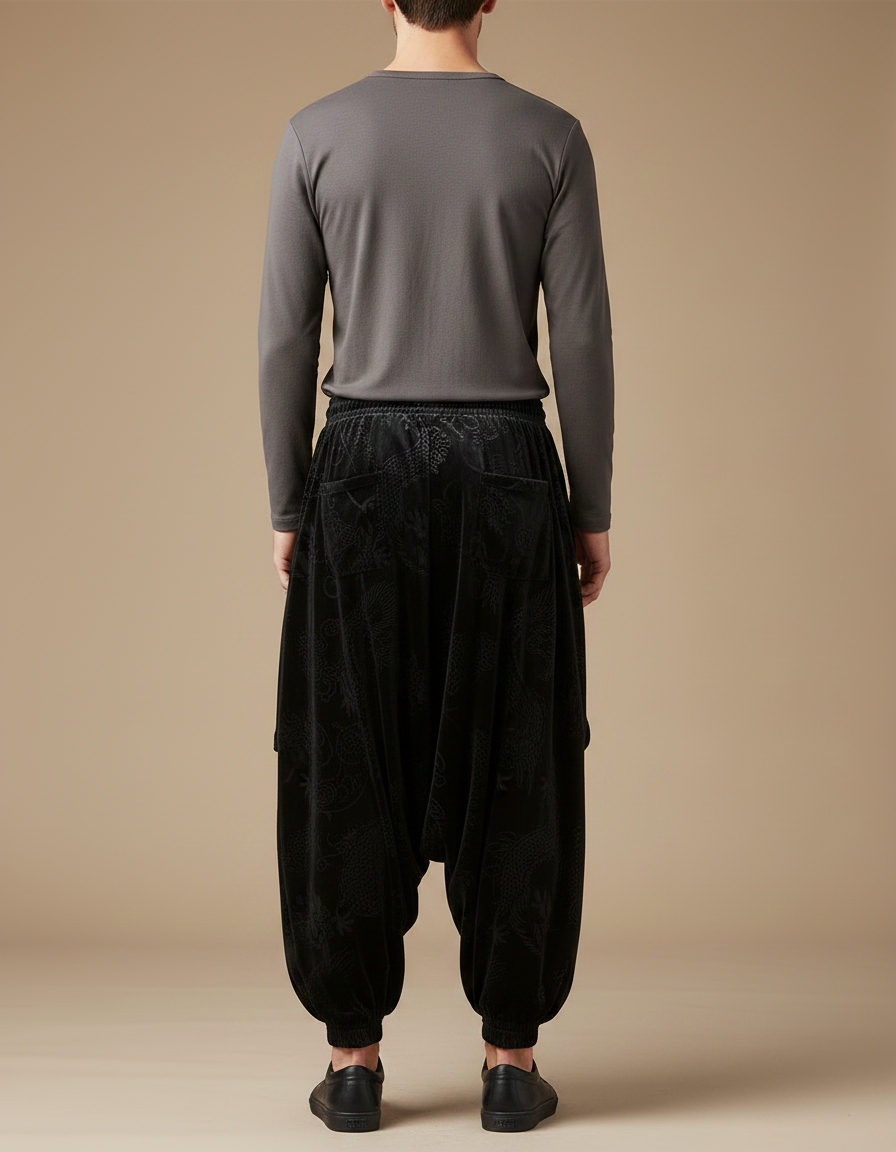 Pantalon Velours Noir Dragon Ample Décontracté Homme - vue 2