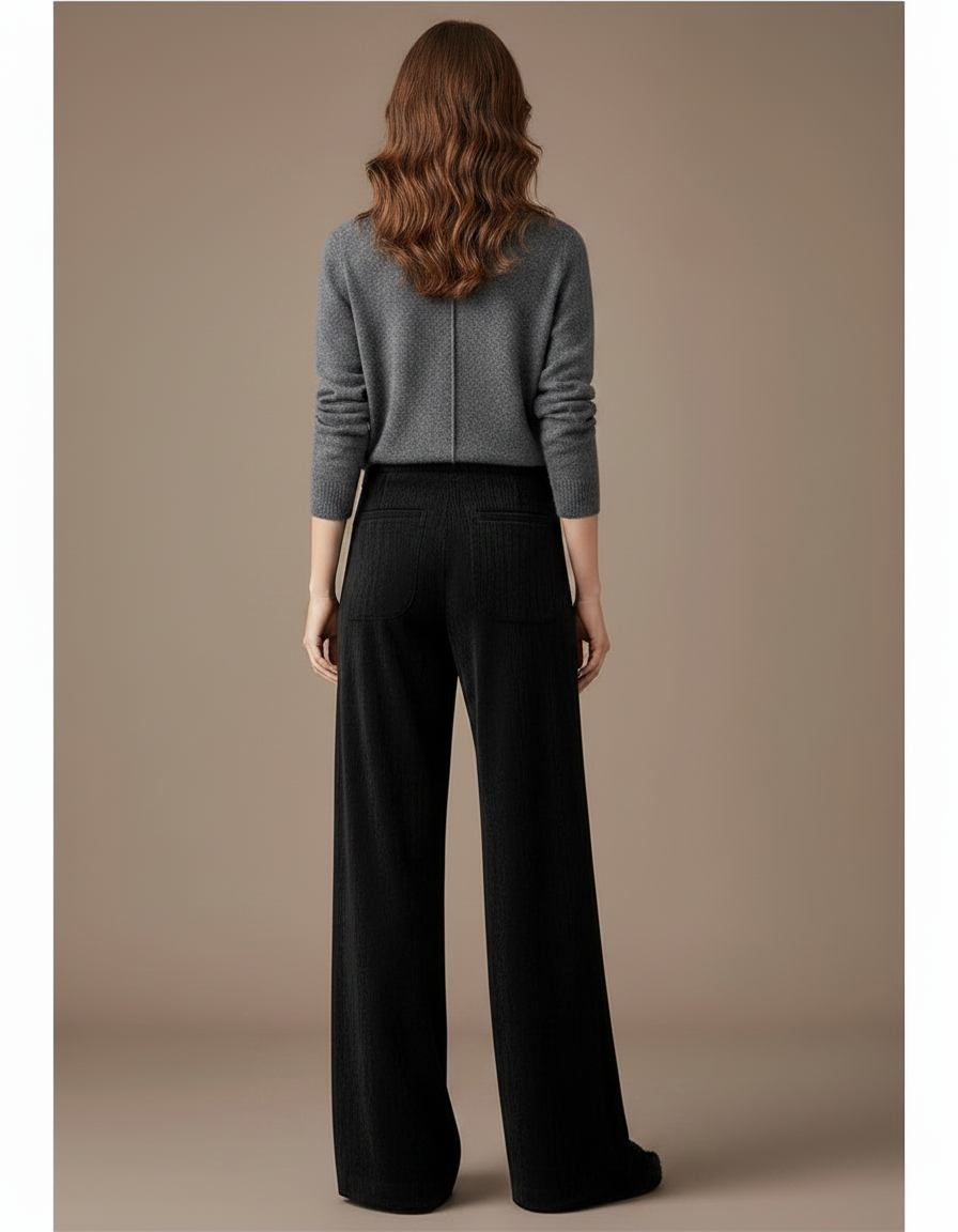 Pantalon Velours Noir Ample Décontracté Taille Haute - Cordé - vue 2