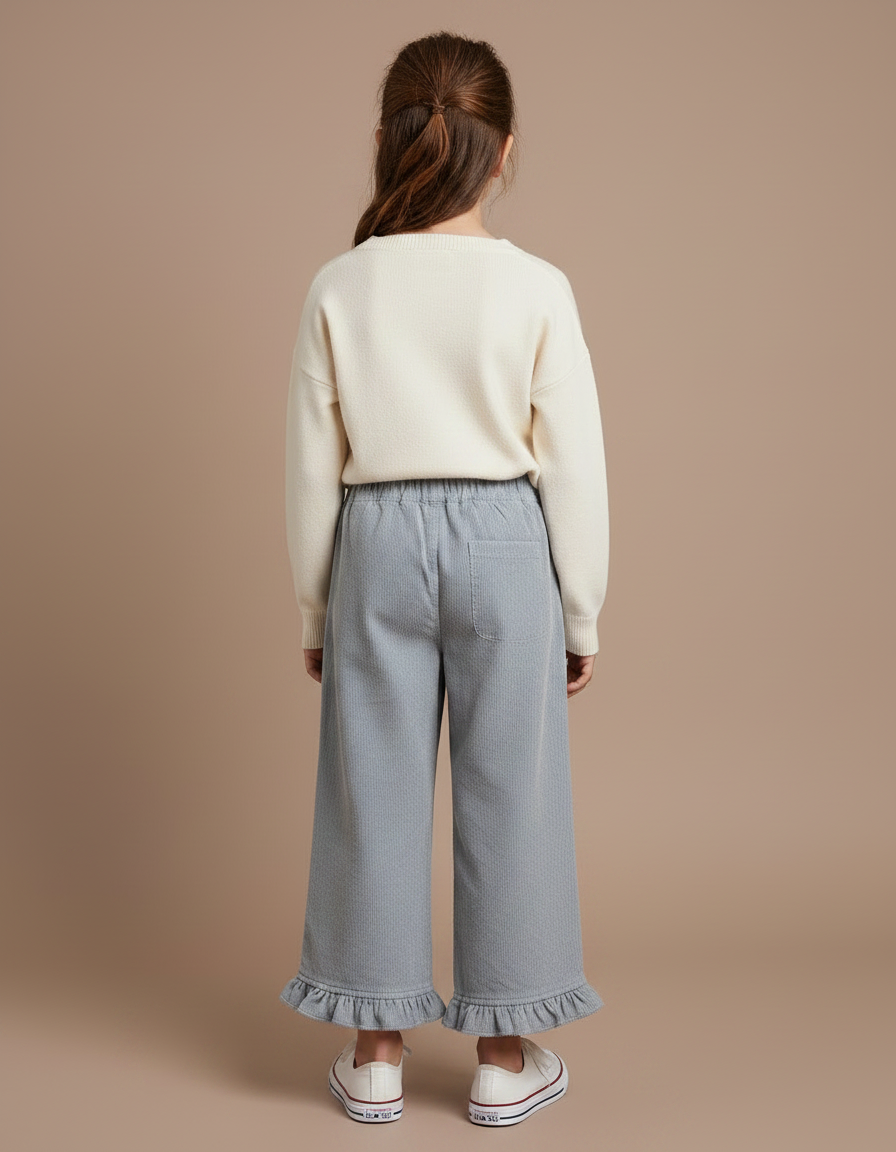 Pantalon Velours Côtelé Gris Volants Ample Fille - Cordé - vue 2