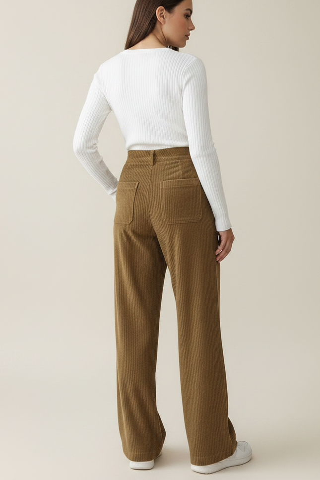 Pantalon Velours Côtelé Marron Ample Décontracté Taille Haute - Cordé - vue 2