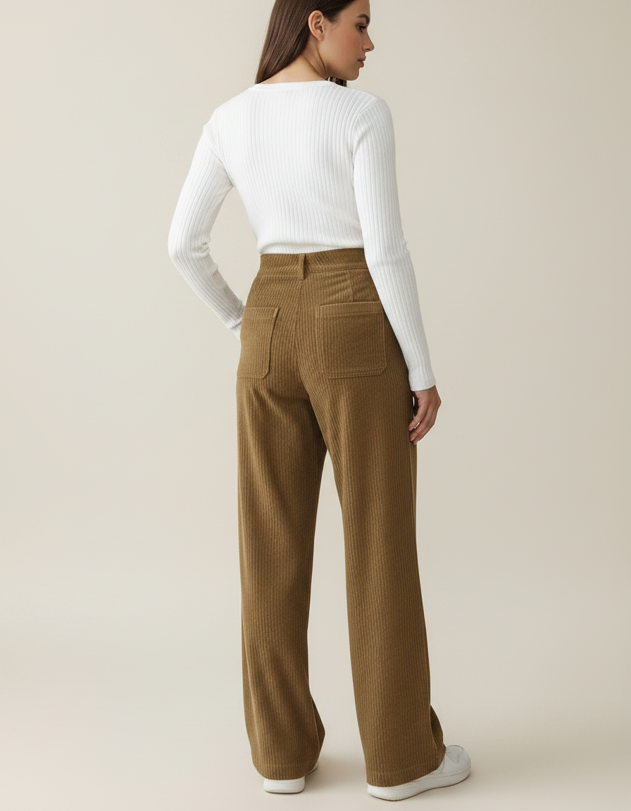 Pantalon Velours Côtelé Marron Ample Décontracté Taille Haute - Cordé - vue 2