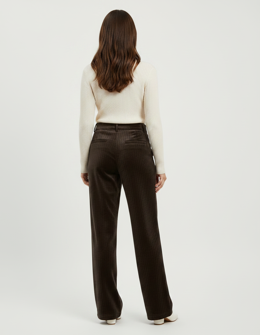 Pantalon Velours Marron Côtelé Ample Femme Élégant - Cordé - vue 2