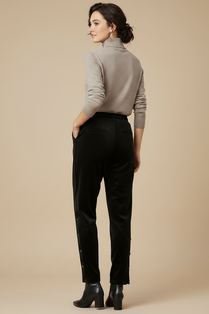 Pantalon Velours Noir Coupe Droite Boutons Femme - vue 2