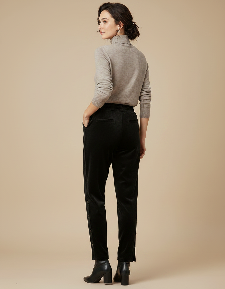 Pantalon Velours Noir Coupe Droite Boutons Femme - vue 2