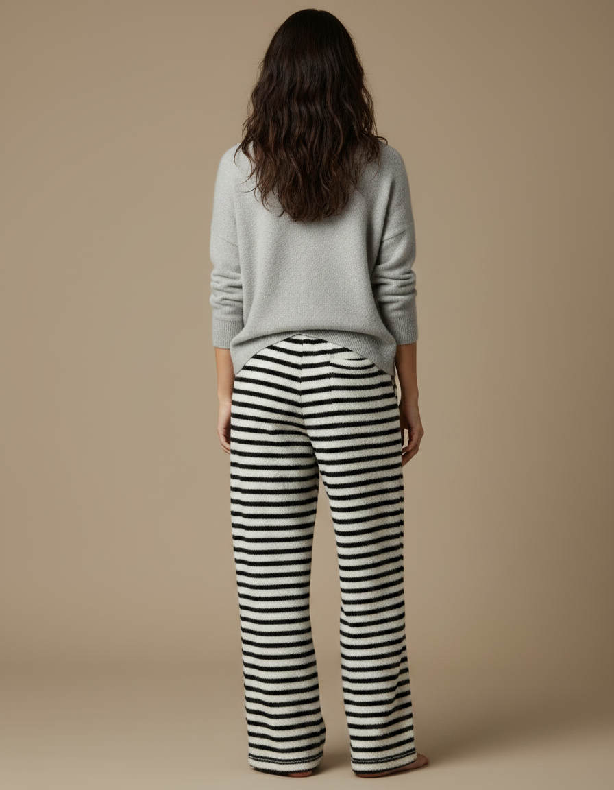 Pantalon Velours Rayé Noir Blanc Ample Doux - Multicolore - vue 2
