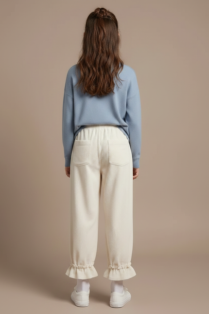 Pantalon Velours Crème Côtelé Ample Volants Fille - Beige Cordé - vue 2