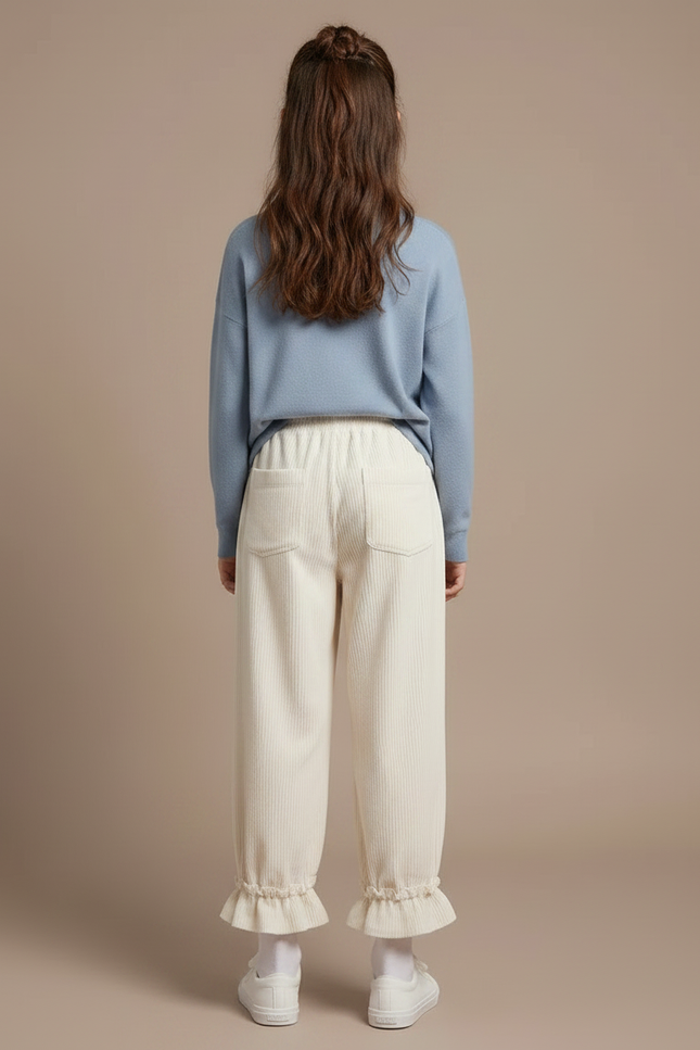 Pantalon Velours Crème Côtelé Ample Volants Fille - Beige Cordé - vue 2
