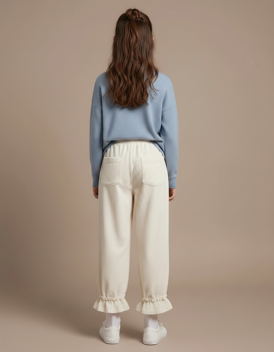 Pantalon Velours Crème Côtelé Ample Volants Fille - Beige Cordé - vue 2