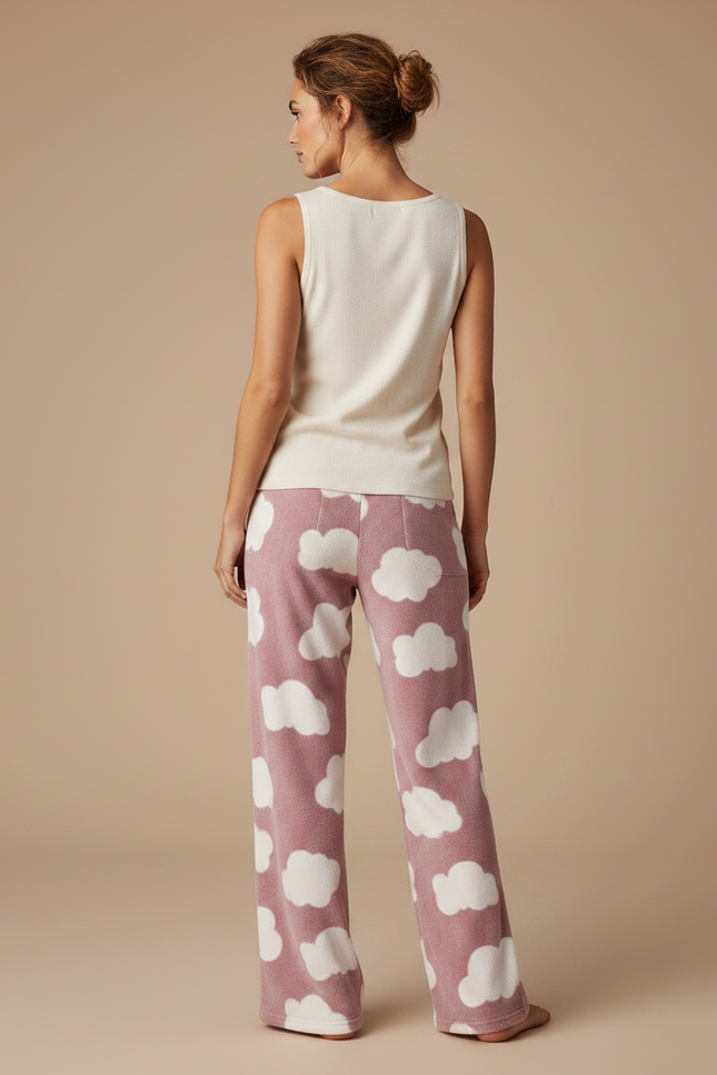 Pantalon Velours Rose Nuages Ample Doux Femme - vue 2