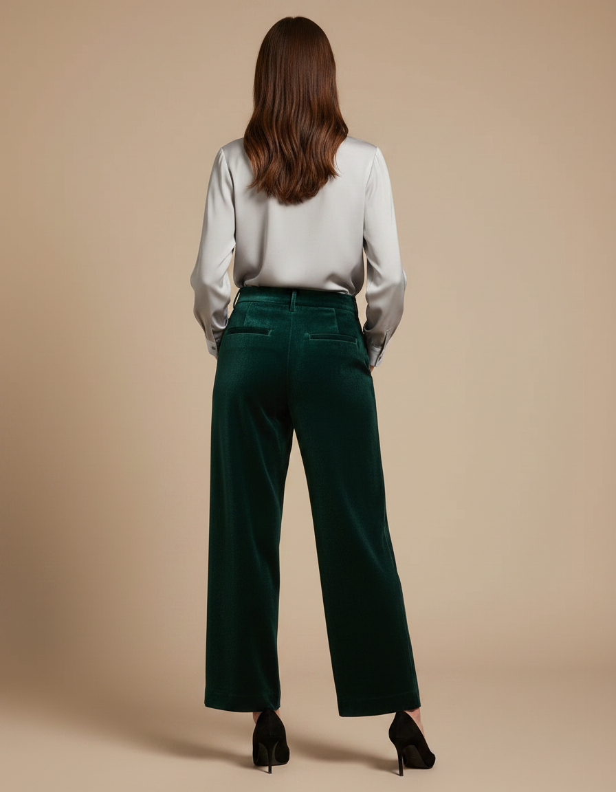Pantalon Velours Vert Émeraude Droit Élégant Femme - vue 2