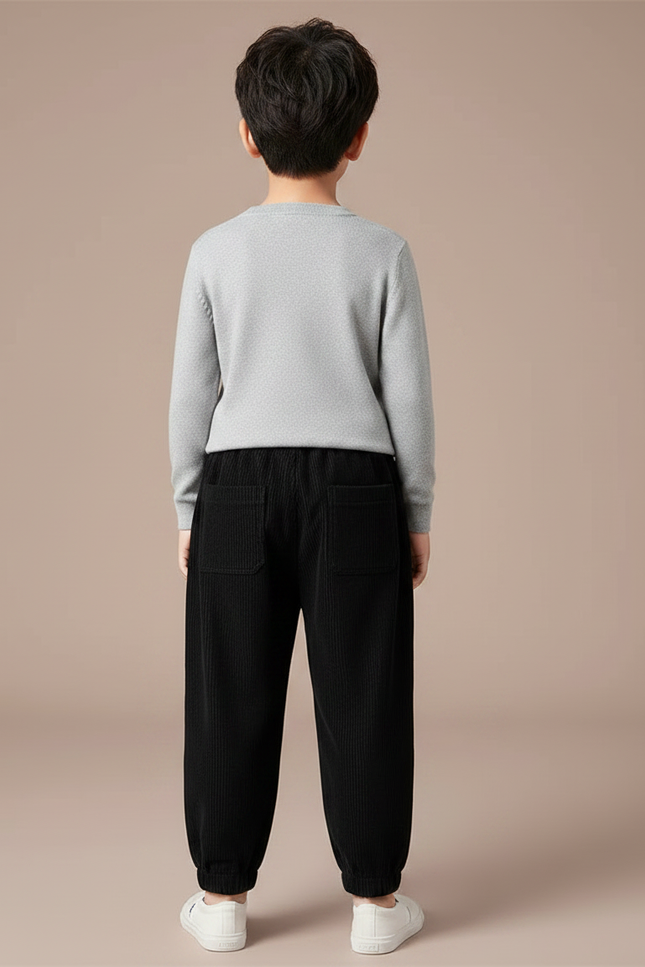 Pantalon Velours Noir Côtelé Ample Élastiqué Enfant - Cordé - vue 2